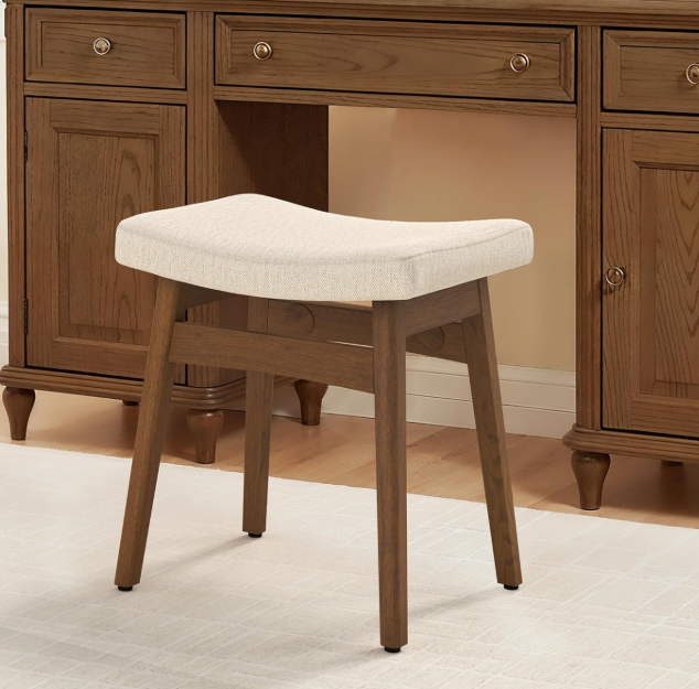 Ergonomic Solid Wood Vanity Stool With Cushioned Seat